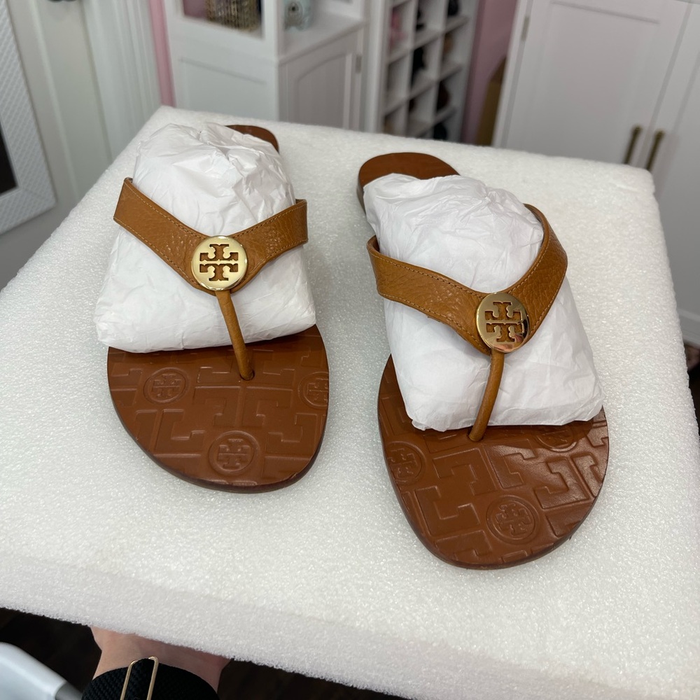 Tory Burch Tan Sandals with Gold Emblem